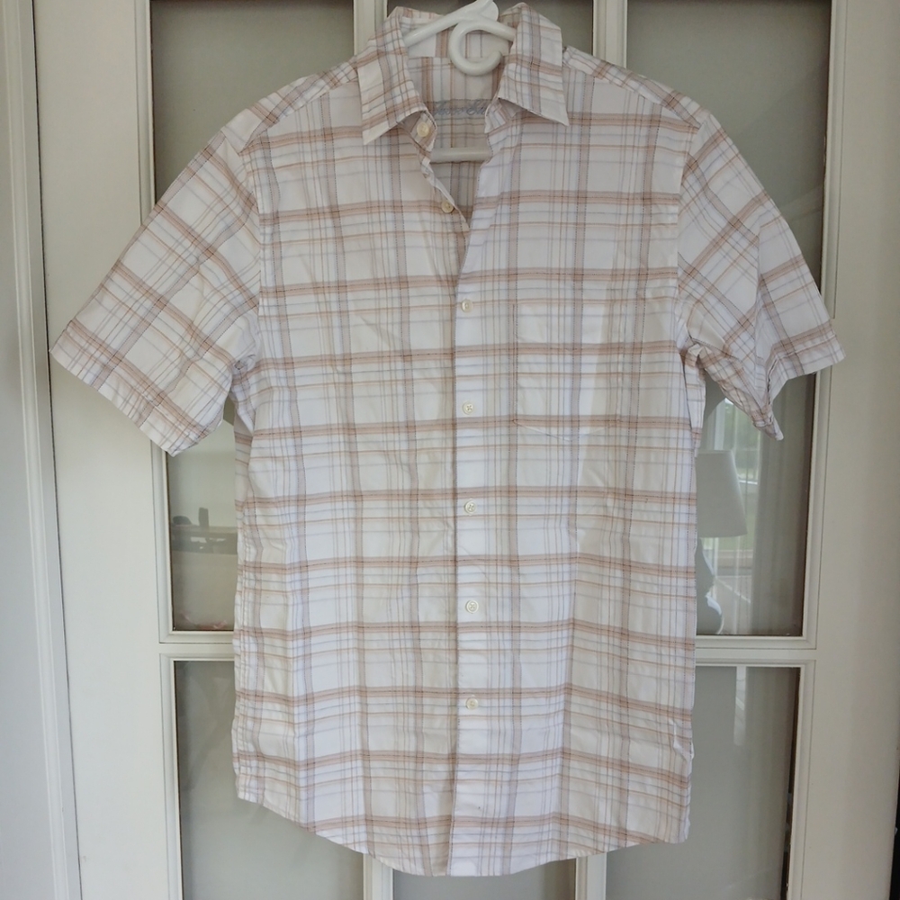Tasso Elba Tan Casual Button Down Shirt Lightweight Plaid